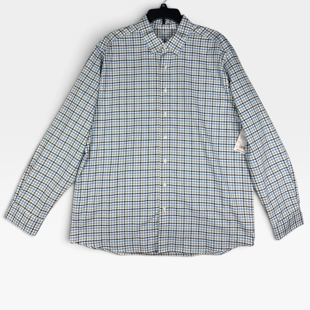 Sonoma Button Down Shirt Plaid Mens XL Blue Green Long Sleeve Stretch NWT